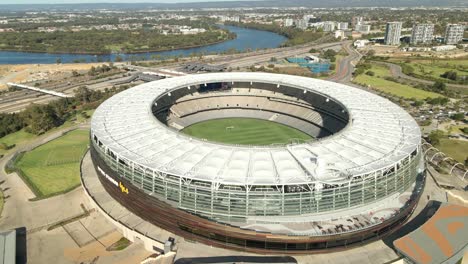 Aerial-orbiting-shot-of-Optus-Stadium-in-Perth,-WA