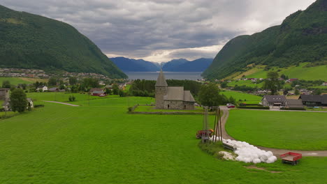 Historic-parish-stone-Hove-Church-in-Vikøyri-on-Arnafjord,-Norway
