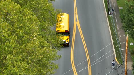 Yellow-school-bus-driving-on-road-lined-by-trees-in-America