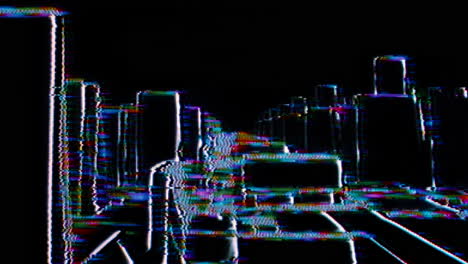 Moving-through-city-animation,-retro-feel-and-vibe-with-VHS-artifacts-and-shades-over-layout,-black-background-for-overlays,-artistic-expression-of-urban-life's-dynamism