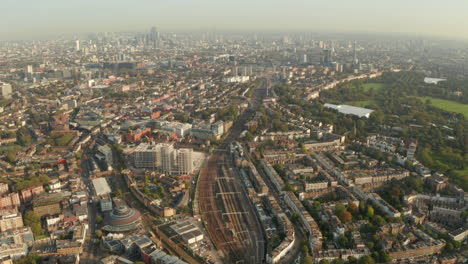 Aerial-shot-over-Train-tracks-heading-into-central-London-Euston-station-through-Chalk-farm