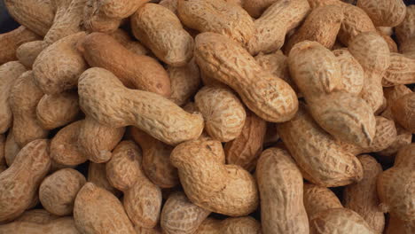 Peanuts-in-shells-macro-moving,-food-product-used-in-many-recipes-like-chocolates,-sauces-and-oils,-known-allergen,-healthy-nuts,-peanut-allergy,-4K-top-shot