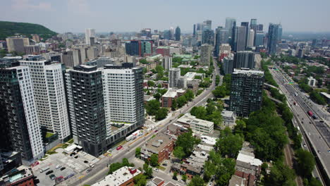 Aerial-view-rotating-in-front-of-apartments-in-Shaughnessy-Village-of-Montreal