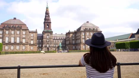 Woman-with-a-hat-looking-at-the-horses-outside-Christiansborg-Palace,-Denmark