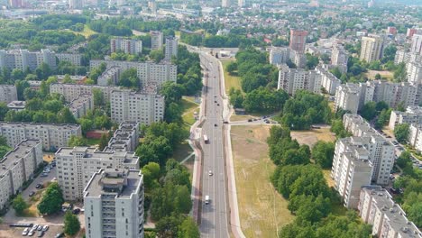 Russian-style-apartment-buildings-on-sunny-day,-aerial-drone-view