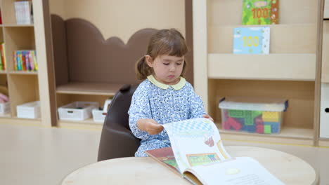 Ernsthaftes-Kleinkind-Mädchen-Tut-So,-Als-Lese-Es-Ein-Buch-–-Blättere-Die-Seiten-Eines-Bilder-Geschichtenbuchs-Um