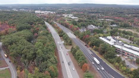 Drone-footage-over-Donald-Lynch-Boulevard-in-Marlboro,-Massachusetts