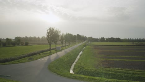 Old-Alfa-Romeo-driving-towards-camera-on-an-open-road-with-green-fields