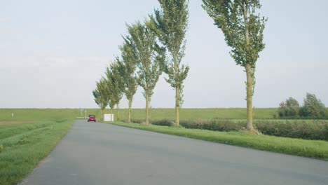 Old-Alfa-Romeo-driving-past-and-away-from-camera-on-open-road-with-green-fields