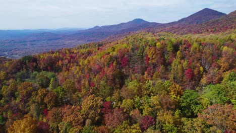 Wide-landscape-aerial-drone-panorama-shot-of-autumn-leaves-in-the-mountains-changing-colors-to-orange,-red,-yellow