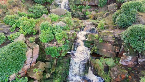 Yorkshire-Moors'-wondrous-waterfall,-aerial-footage-displays-water-flowing-over-large-rocks-into-a-deep-blue-pool,-hikers-at-the-bottom