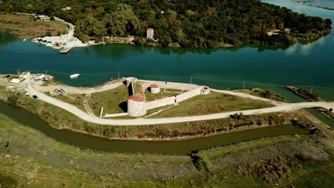 Drone-view-of-Butrint-acheological-site,-Albania,-Europe