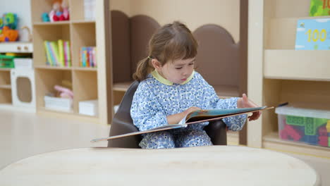 Baby-girl-pretends-to-read-a-book-in-the-library-or-playroom
