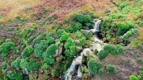Yorkshire-Moors'-dazzling-waterfall,-aerial-view-captures-water-flowing-over-large-rocks-into-a-deep-blue-pool,-hikers-nearby