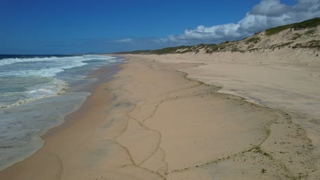 Sandy-Shore-Of-Mungo-Beach-In-New-South-Wales,-Australia---drone-shot