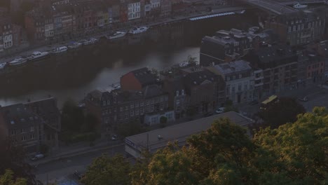 Amazing-view-citadel-of-dinant-Belgium-during-sunrise,-aerial