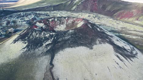 Aerial:-Circle-view-of-green-and-red-dormant-and-vibrant-volcano-on-a-clear-day-in-Iceland-highlands