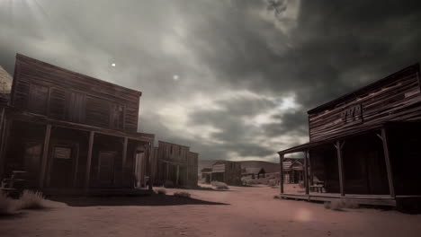 An-abandoned-western-cowboy-pioneer-ghost-town-time-lapse-with-rolling-storm-clouds-in-the-desert-animation