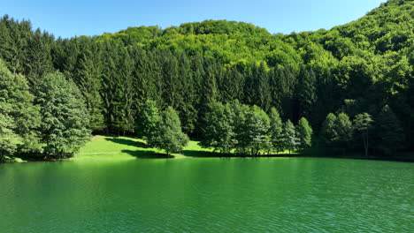Aerial-shot-of-a-lake-with-emerald-green-water