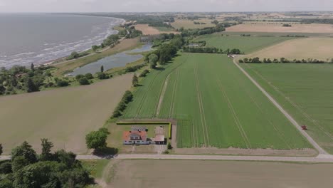 Scenic-remote-farmhouse-on-the-Swedish-ocean-coastline,-wide-panorama-view