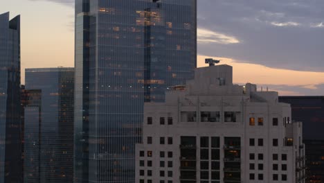Panning-left-drone-shot-of-skyscrapers-in-downtown,-Houston,-Texas