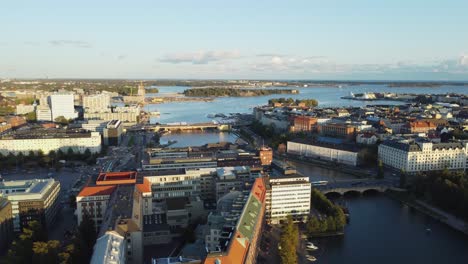 Golden-hour-flyover:-Helsinki-Finland,-a-northern-Baltic-capital-city