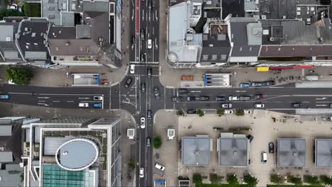 Top-down-static-shot-of-busy-downtown-intersection,-Dusseldorf-Germany