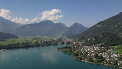 Panoramic-view-on-Walensee-in-Weesen-with-mountains-and-blue-sky
