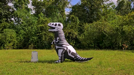 Inflatable-dinosaur-setting-up-and-operating-drone-taking-off