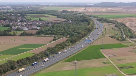 German-Autobahn-in-Rural-mining-area,-NRW,-Aerial-drone-view
