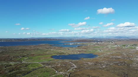 Flyover-lakes-and-rivers-of-Banraghbaun-South-with-a-blue-sky-backdrop