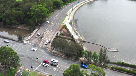 Aerial-drone-shot-of-the-intersection-iron-cove-creek-and-Parramatta-river,-Sydney-Australia