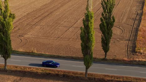 Drone-tracking-wide-shot-blue-car-driving-betweeng-plain-fields,-along-a-sunlit-paved-road,-surrounded-by-green-trees-on-a-sunny-day