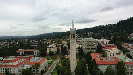 Aerial-view-around-the-Campanile-of-the-University-of-California-in-cloudy-Berkeley,-USA