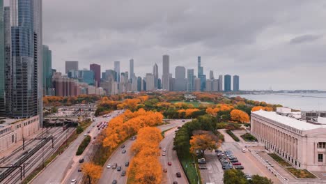 Skyline-Von-Chicago-Vom-Soldatenfeld-Mit-Herbstfarben