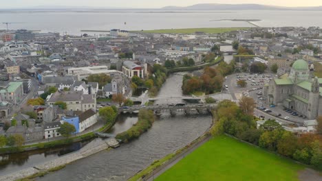 Cinematic-aerial-dolly-of-Galway-City-with-rush-hour-traffic