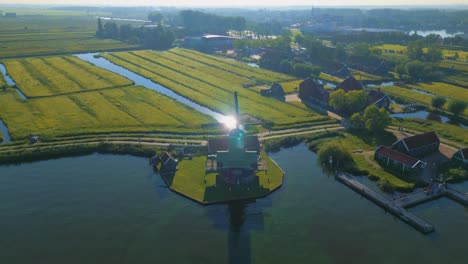 Aerial-drone-footage-of-still-windmills-in-Zaanse-Schans,-Netherlands