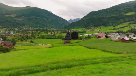 Iconic-Hopperstad-Stave-Church-in-lush-countryside,-Norway