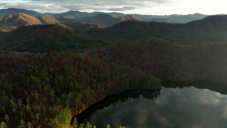 Reflections-of-Lake-Santeetlah,-North-Carolina-during-golden-hour