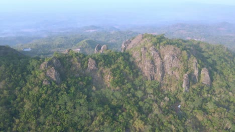 Aerial-view-of-rock-mountain-overgrown-by-dense-of-forest