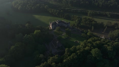 Van-Walzin-castle-Belgium-with-a-river-in-front,-aerial