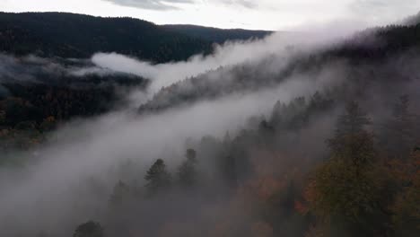 Luftaufnahme,-Die-über-Dicken-Wolken-über-Den-Mystischen-Herbstlichen-Bergwald-Fliegt,-4k