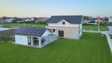 Aerial-of-modern-smart-home-with-solar-panel-installed-on-rooftop,-house-in-residential-districts-futuristic-safe-neighborhood