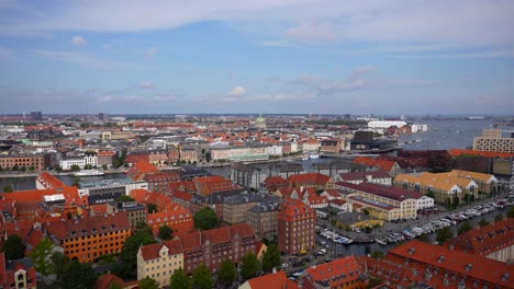 Stunning-view-of-Copenhagen-city-with-red-roofs-and-palaces-towers,-Denmark