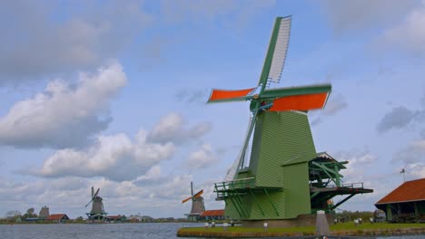 Vintage-Wooden-Dutch-Windmills-In-Amsterdam,-Netherlands