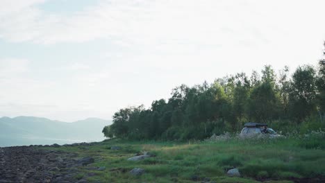 Quiet-Green-Nature-At-Lakeshore-Near-Vangsvik-Village-In-Senja,-Norway