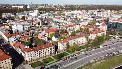 Rooftops-of-Kaunas-city-downtown-in-Lithuania,-aerial-view