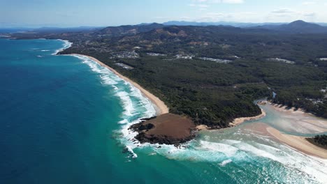 Green-Bluff-Headland-And-Moonee-Beach-In-New-South-Wales,-Australia---aerial-drone-shot