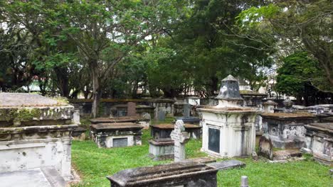 Cemetery-full-of-tombstones-and-graves-covered-in-vegetation-and-moss