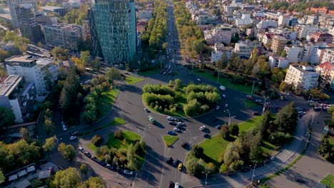 Aerial-View-Over-Charles-de-Gaulle-Square,-Autumn,-Bucharest,-Romania